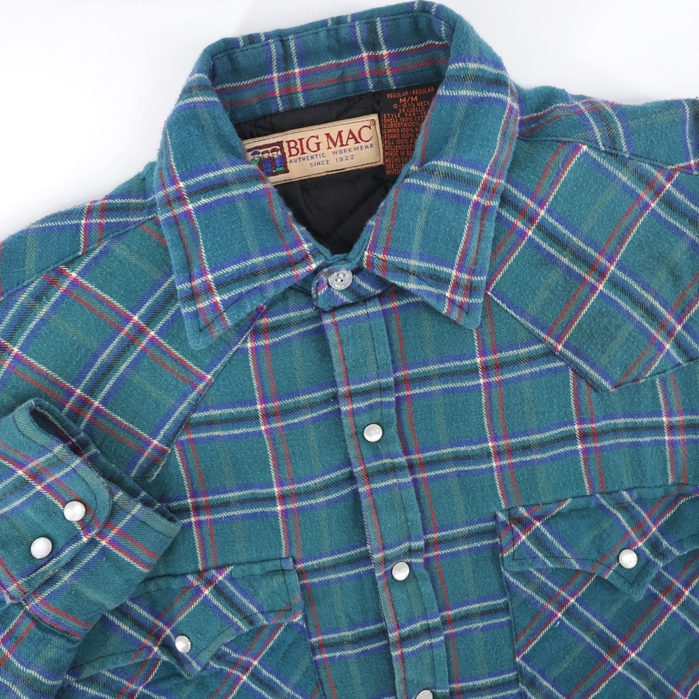 Vintage Big Mac Quilted Plaid Western Shirt Jacket Teal Long Sleeve Mens M